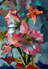 Oil painting of still life with orange and pink irises flowers in shade of black gray and blue  On  Canvas with  texture