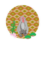 グレーのお猿さんと松竹梅の和風縦型年賀状デザイン