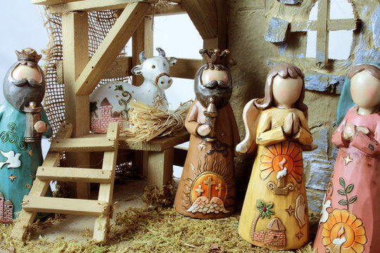 A part of the Christmas nativity scene of the birth of Jesus depicted with figurines