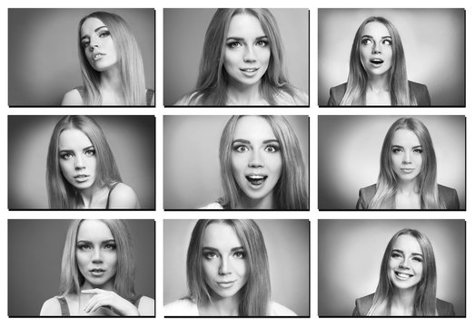 Collage of photos with emotional young woman