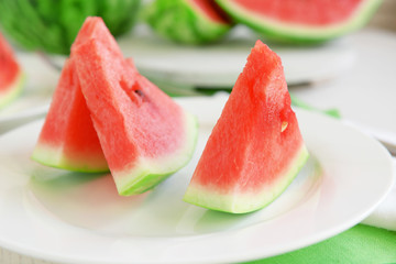 Sliced watermelon on plate closeup