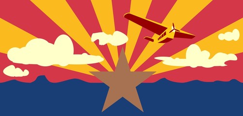 arizona state flag colors and elements with clouds, airplane