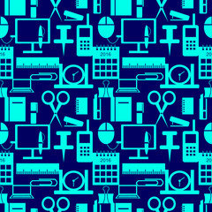 Vector seamless pattern with elements of office supplies in blue over dark blue background