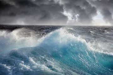 Foto op Plexiglas zeegolf op de donkere wolkenachtergrond © andrej pol
