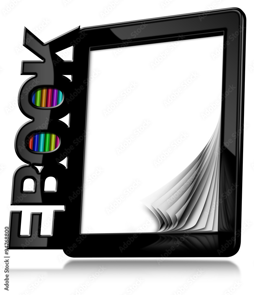 Poster e-book reader with blank pages / black modern ebook reader with blank curled pages with text ebook a