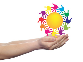 Concept circle of hands, yellow sun symbol