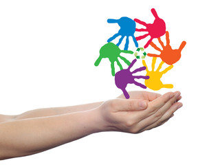 Concept circle of hands, green recycle symbol