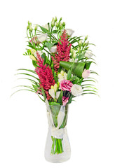 Bouquet of Pink, white Eustoma, Lisianthus flowers and Red Astilbe flowers known as false goats beard and false spirea, green grass, close up, isolated, white background.