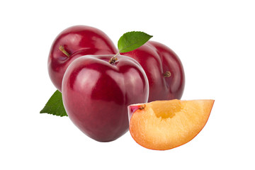 Fresh juicy plums on light background. Collage