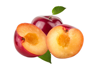Fresh juicy plums on light background. Collage