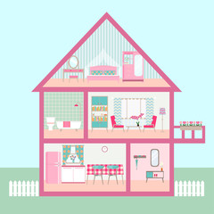 Fototapeta premium flat rose Dollhouse section with interior living room, functional attic, balcony. vector illustration
