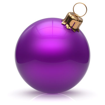 Christmas ball New Year's Eve bauble wintertime decoration purple sphere hanging adornment classic. Traditional winter ornament happy holidays Merry Xmas event symbol glossy blank 3d render isolated