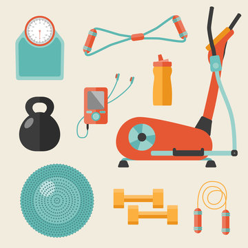Retro sports and fitness icons set in flat style.vector illustration
