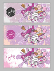The horizontal banners to the perfumery and cosmetic booklet with hand-drawn elements of isolated vector illustrations