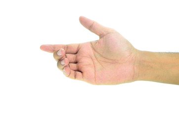 man hand holds virtual card or smart phone on white background