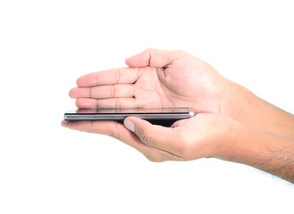 Hand holding smart phone isolated on white background