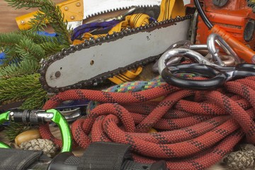 Chainsaw ready to work. Tools for trimming trees, utility arborists. Chainsaw, rope and carabiners...