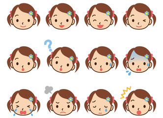 子供　女の子　顔アイコン　表情セット