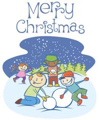 kids making a snow man on Xmas