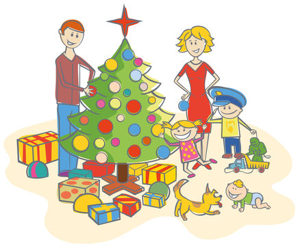 happy family dressing up the christmas tree isolated