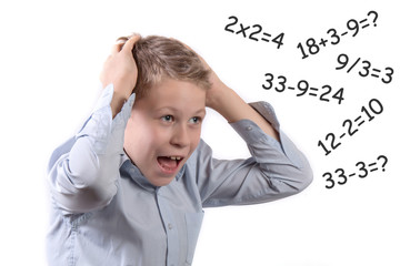 portrait of a little screaming schoolboy isolated on white background