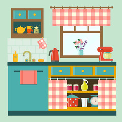 flat cozy kitchen in rustic style with window.vector illustration
