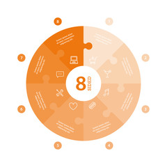 Flat monocolor puzzle presentation infographic chart. Numbered with icons and explanatory text isolated on white background. Vector graphic template.