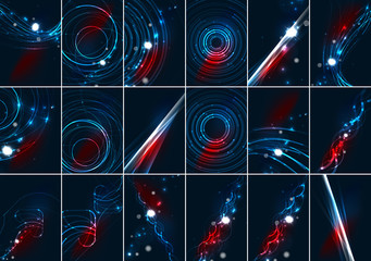 Abstract color glowing lines in dark space with stars and light effects background set