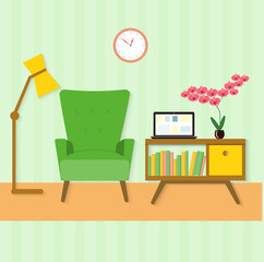 flat place for reading in living room with chair and bookcase. vector illustration