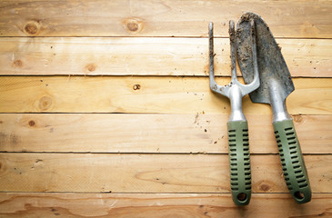 Small gardening shovel and fork on wooden background.