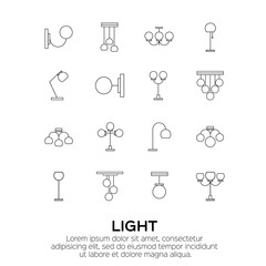 Sets of Lamp and Chandelier. Light equipment collection. Vector illustration