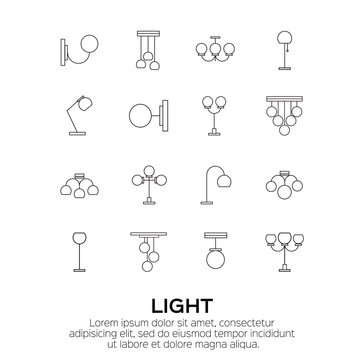 Sets of Lamp and Chandelier. Light equipment collection. Vector illustration