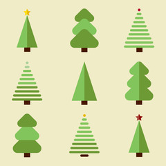 Flat design christmas tree set. Set of green christmas tree with decoration.
