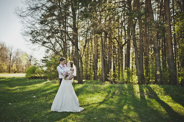 The groom embraces the brides shoulders 4074.