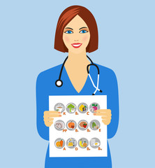 illustration of a woman doctor holding a paper with the image of vitamins