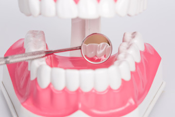 White teeth and dental instruments on white background