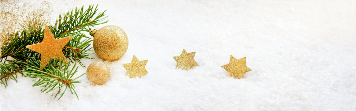 Christmas background, Schnee, Tannenzweig, Sterne, Kugeln, Copyspace, Panorama, Banner, Header, Headline, hochaufl&ouml;send