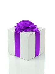 white paper gift box with purple ribbon bow isolated