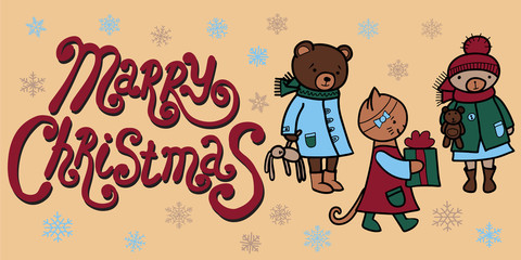 Cartoon vector characters teddy bears and cat in winter close. Greeting card with Merry Christmas text.