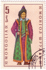 MONGOLIA - CIRCA 1969: a stamp printed in Mongolia shows illustration of a mongolian traditional costume. Mongolia, circa 1969