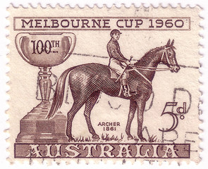 AUSTRALIA - CIRCA 1961: A stamp printed in Australia shows image of the winner of the 100th...