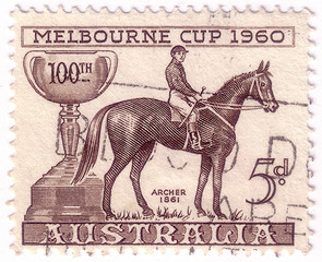 AUSTRALIA - CIRCA 1961: A stamp printed in Australia shows image of the winner of the 100th Melbourne Cup in 1960, series, circa 1961