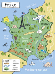 Cartoon map of France with characters and objects