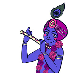 
Krishna with floral wreath sits on the rock and plays the flute