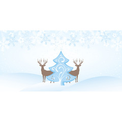 Christmas Blue Landscape with Snow, Tree and Reindeers