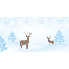 Christmas Blue Landscape with Snowflakes and Reindeers
