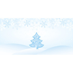 Christmas Blue Landscape with Snowflakes and Tree