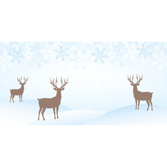 Naklejka na ściany i meble Christmas Blue Landscape with Snowflakes and Reindeers