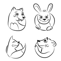 Black and white cartoon forest animals icons set.
