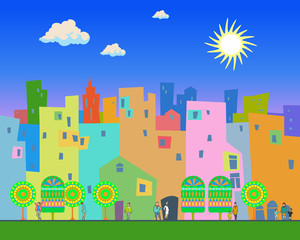 Bright summer day in the city. Illustration of the city, with color silhouette of buildings, trees and walking people and with a bright sun and clouds in the background. Urban scene. Flat style.Poster